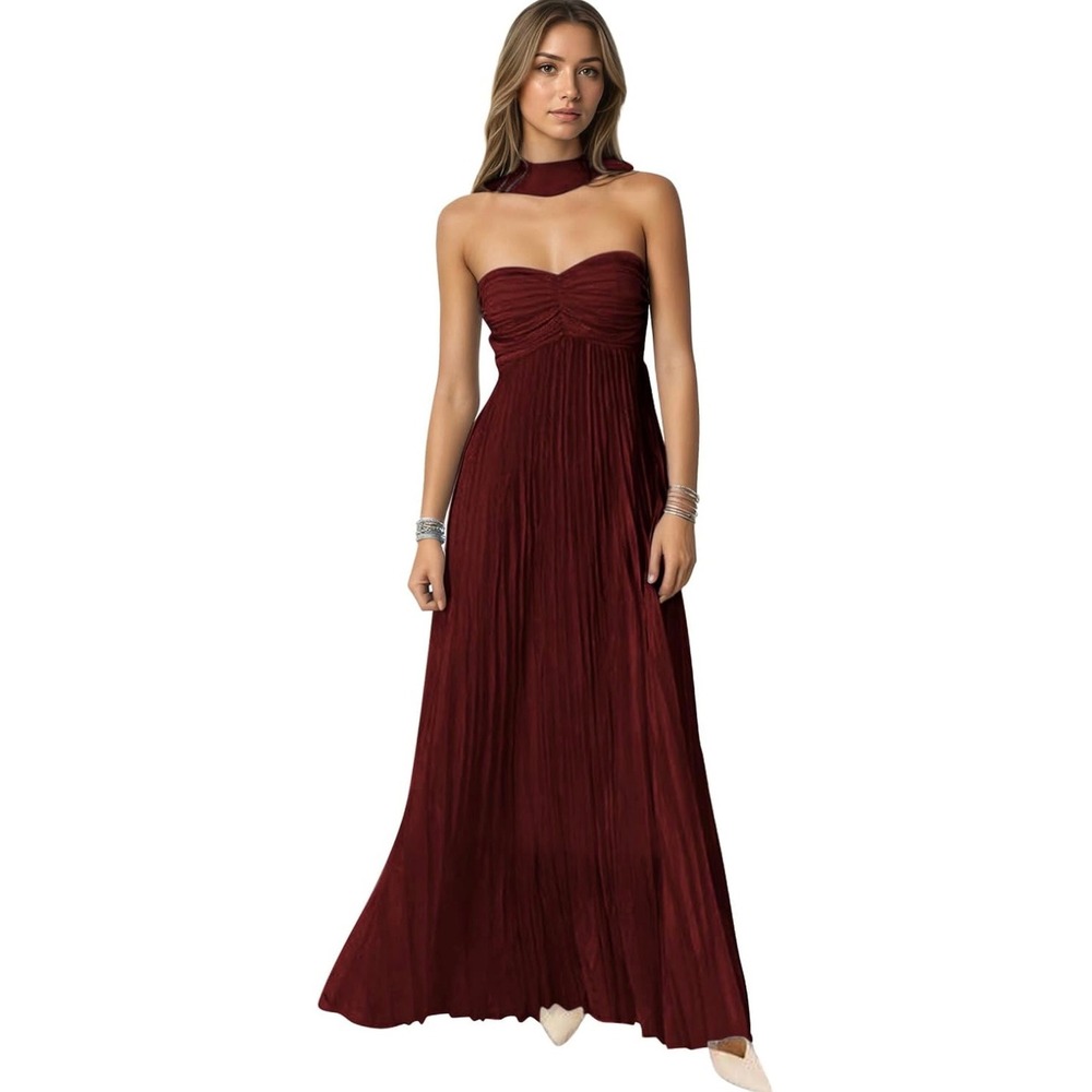 Burgundy Chiffon Strapless Pleated  Dress Lace Up Back Formal Gown with Scarf